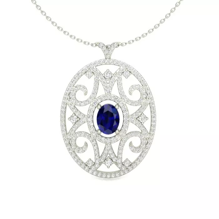 14k white gold oval filigree pendant with a sapphire center